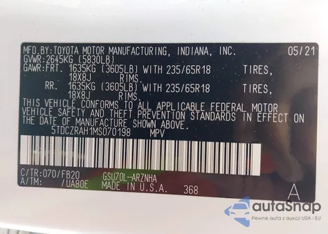 2021 Toyota Highlander L z USA, uszkodzony, nr VIN 5TDCZRAH1MS070198